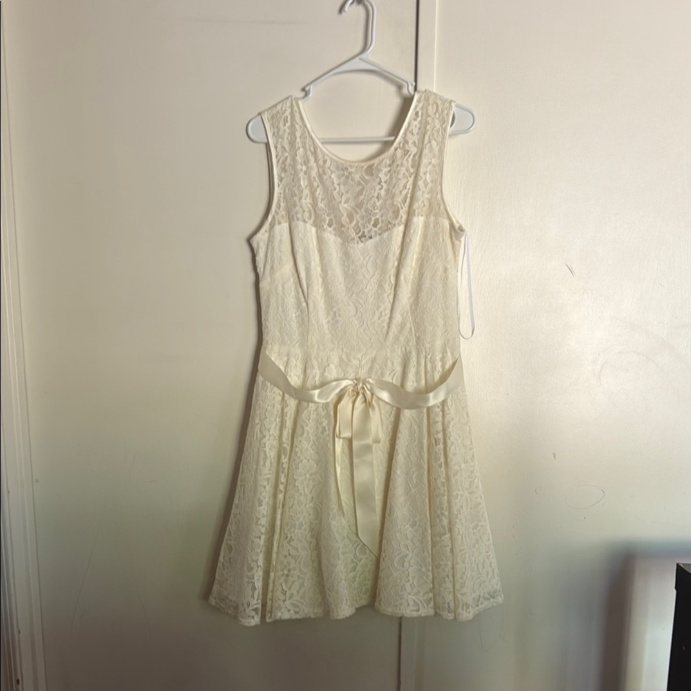 David's Bridal Cream Mini Dress